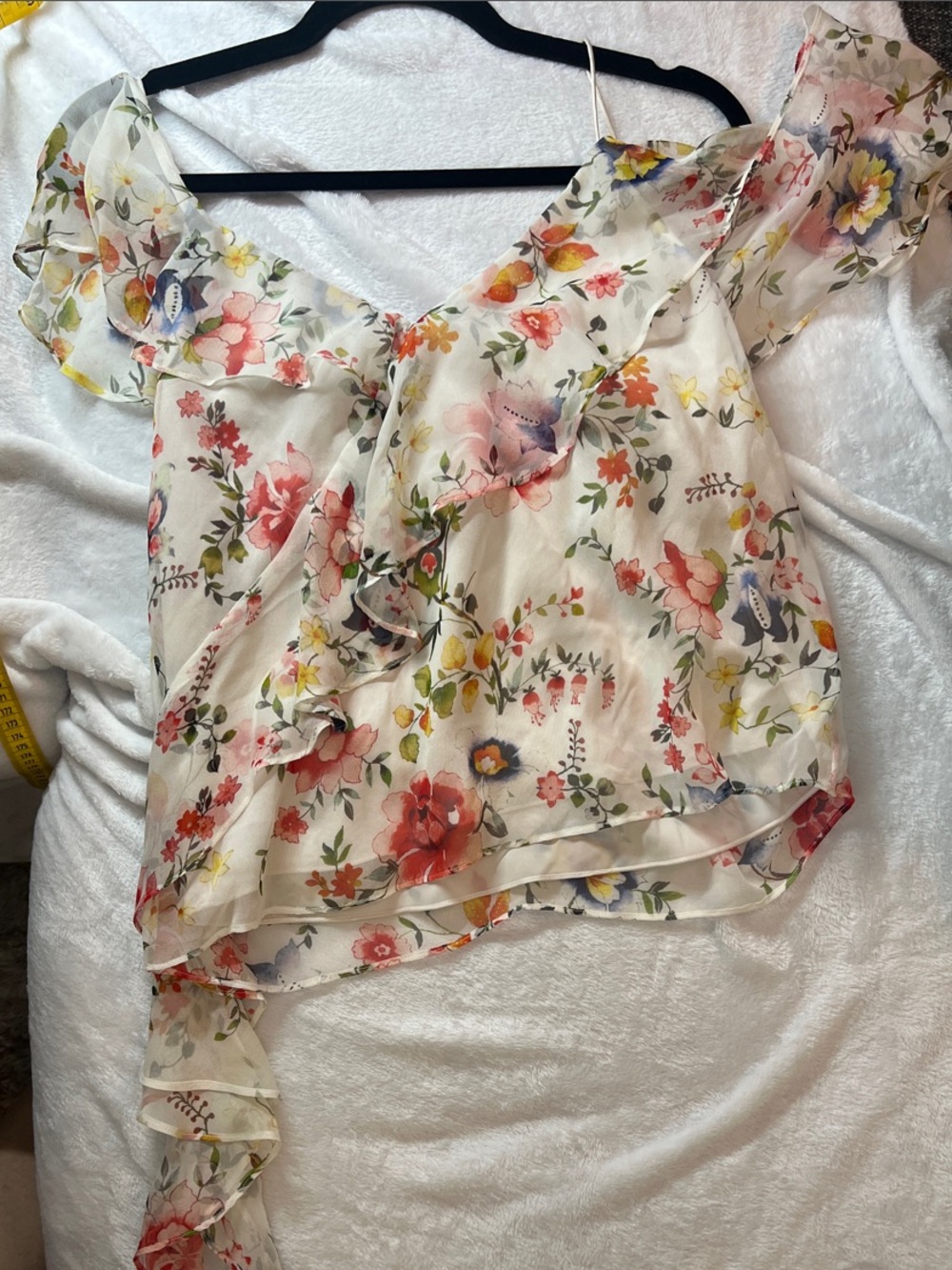 Floral Ruffled Off-Shoulder Women’s Top — White with Pink & Green Floral Print